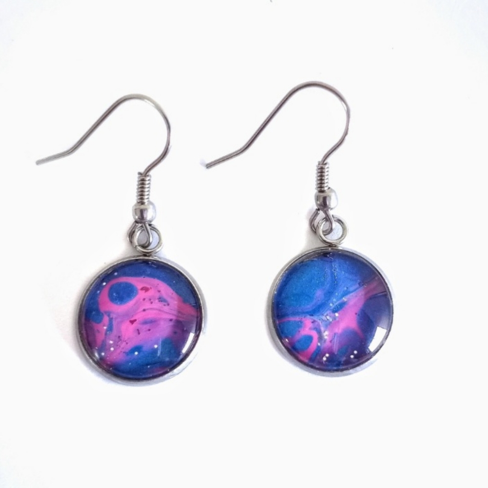 Pink and blue acrylic paint pour necklace and earrings jewelry set NEW - Picture 2 of 5